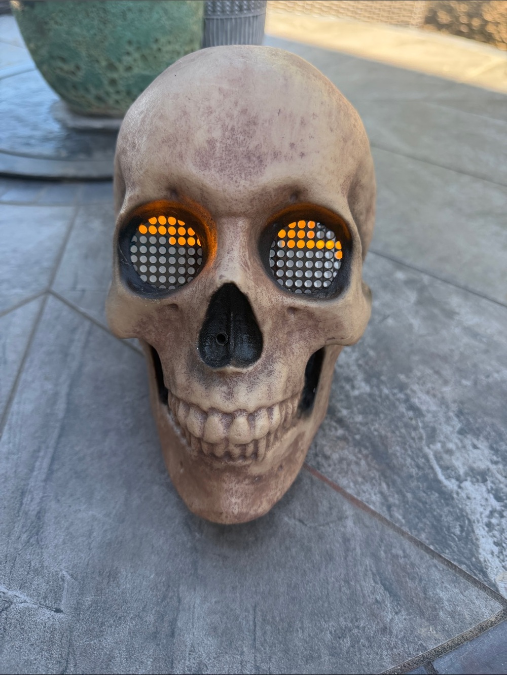 Decorative Light-Up Skull Accent - Beige with Orange Eyes